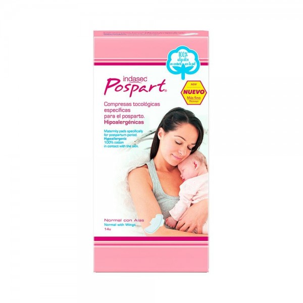 Indasec Pospart® Compresas Algodón Normal Alas 14U