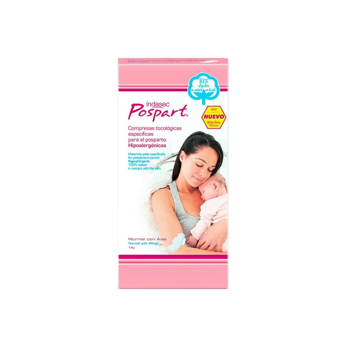 Indasec Pospart® Compresas Algodón Normal Alas 14U